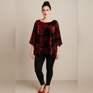 Travel Elements Kimono Style Burnout Velvet Blouse XL Red Black Floral NWOT